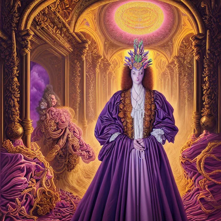 Image similar to beautiful oil painting, full length portrait of dauphinois in baroque coronation robes 1701, Dan Mumford, Dan Mumford, Alex grey, hyacinthe rigaurd, highly detailed , lsd visuals, dmt fractal patterns, hallucinogen, visionary art, psychedelic art, ornate, vaporwave, baroque, Greg rutkowski