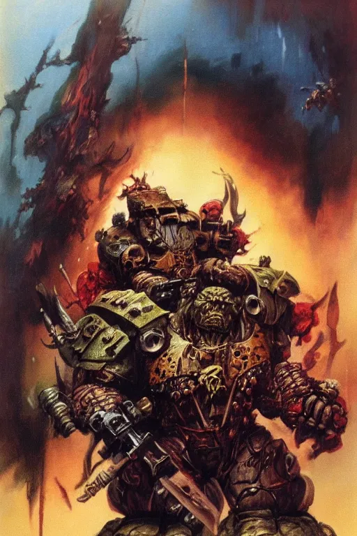 Prompt: a gruesome portrait of an Ork from Warhammer 40k, scifi art by Frank Frazetta and Boris Vallejo, highly detailed, trending on artstationhq