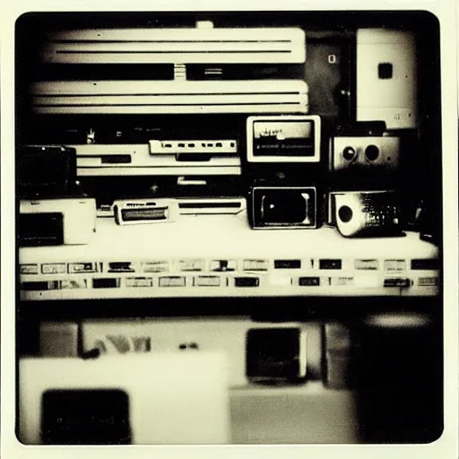 Prompt: “electronics department in 1990. As described by William Gibson. Polaroid”