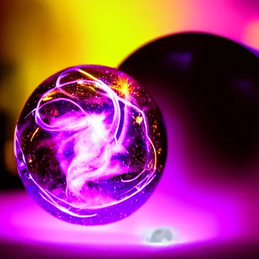 Prompt: a purple crystal ball with magical neon smoke swirling inside of it, award winning photography, cinematic