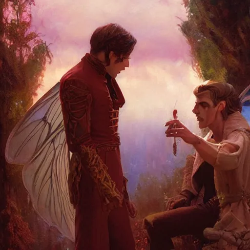 Image similar to attractive male fairy of the forest confesses his love to attractive male dracula the vampire. highly detailed painting by gaston bussiere, craig mullins, j. c. leyendecker 8 k