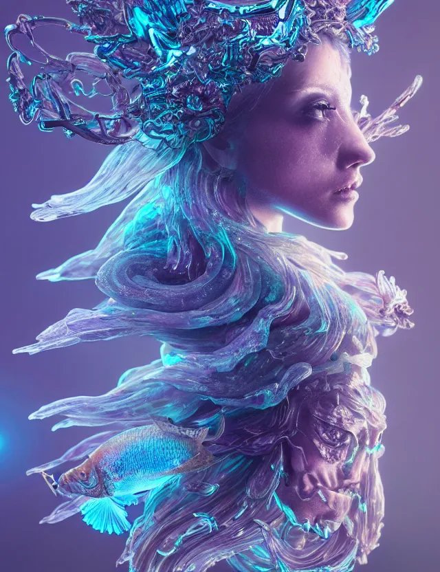 Image similar to goddess macro close - up portrait wigh crown made of ram skull. betta fish, jellyfish phoenix, bioluminiscent, plasma, ice, water, wind, creature, super intricate ornaments artwork by tooth wu and wlop and beeple and greg rutkowski