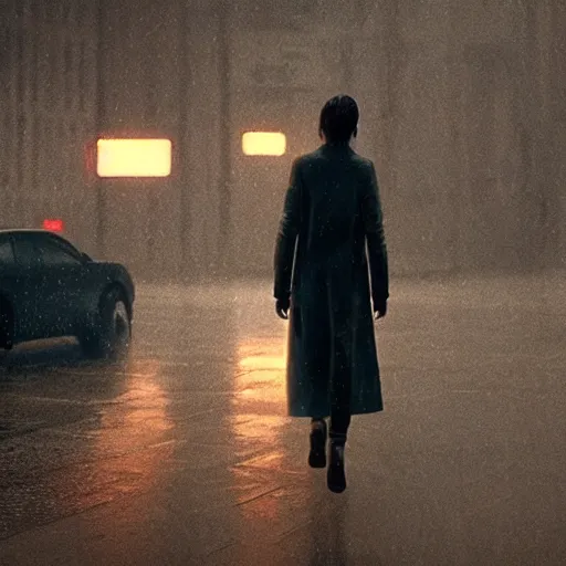 Image similar to a girl walking in a rainy city, still from bladerunner 2049, cinematic