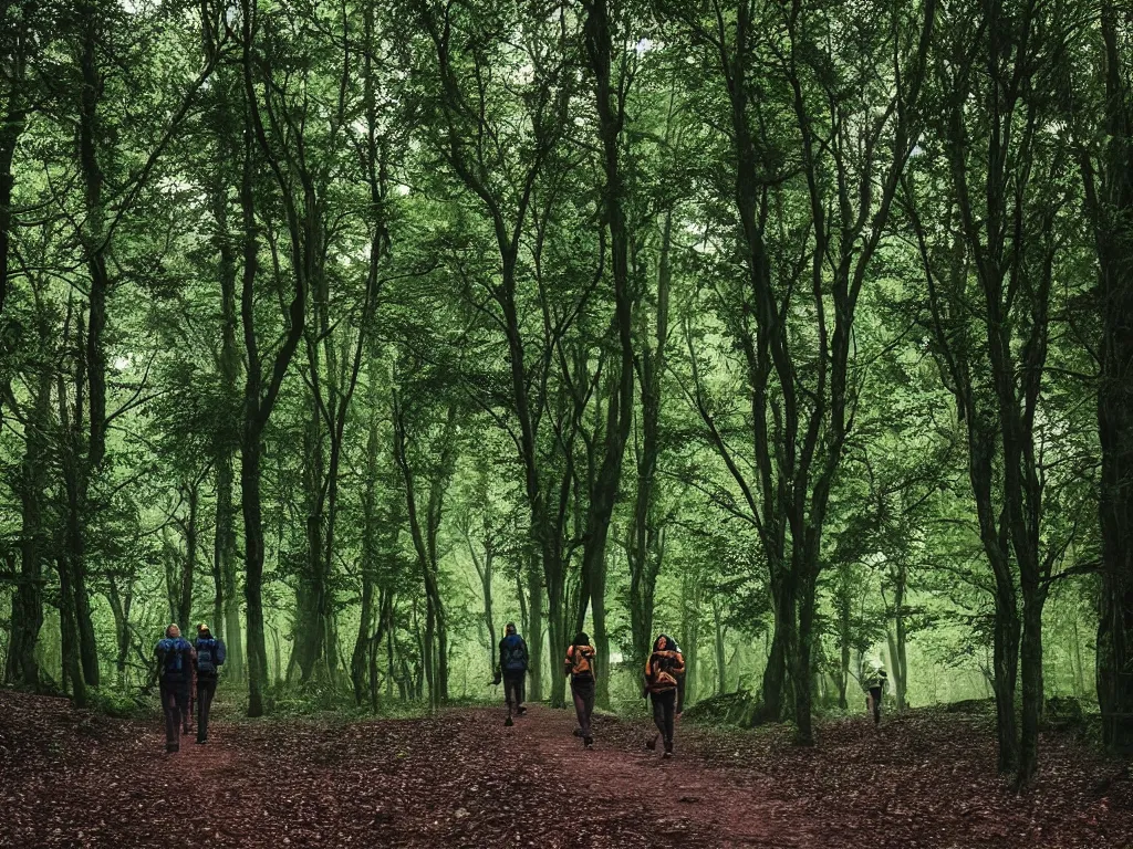 Prompt: 4 trekkers walking in a beautiful forest, bucolic, eerie, volumetic, beautiful lighting