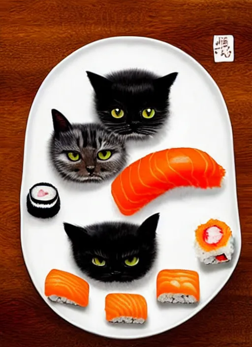 Image similar to clear surrealist painting of adorable cats made out of sushi