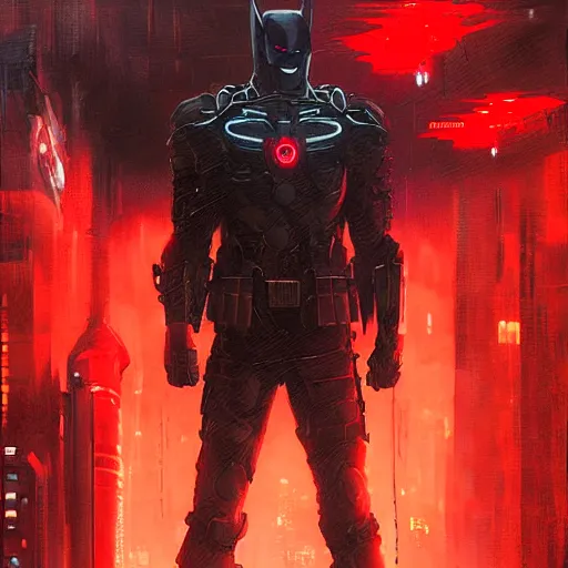 Image similar to cyberpunk batman with red logo, moody, futuristic, city background, brush strokes, oil painting, greg rutkowski