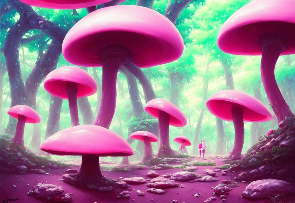 Image similar to futuristic giant pink mushrooms in a forest, intricate oil painting, high detail illustration, sharp high detail, manga and anime 1 9 9 9, official fanart behance hd artstation by jesper ejsing and makoto shinkai, 4 k,