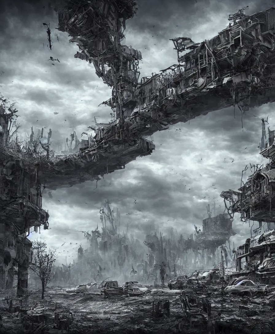 Image similar to Post apocalyptic wonderland, cinematic view, ultra realistic, detailed, cinematic, photorealism