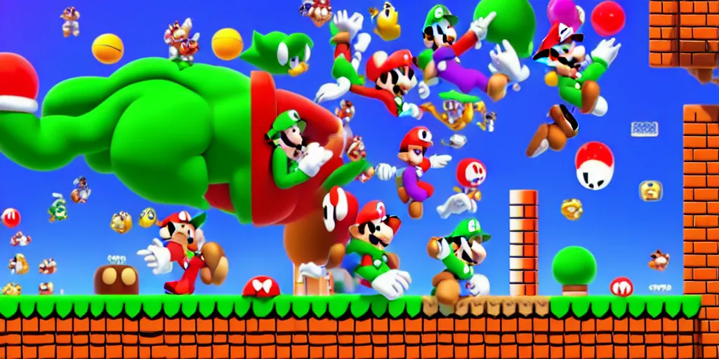 Image similar to super mario bros. fighting with ulrtraman fly to universe, 8 k