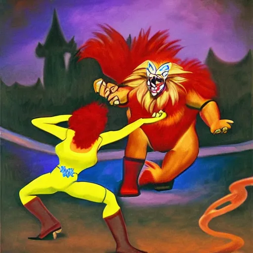 Prompt: impressionist painting of fallon sherrock playing darts with snarf from thundercats