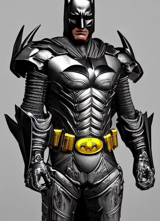 Image similar to hyper realistic batman in a obsidian metal armor, futuristic design, designed by makoto kobayashi and luca zampriolo, portrait, cyberpunk style, wood and gold details, intricate, extremely detailed, ornate, deep of field, hard surface, exoskeleton, substance designer metal unreal engine. amazing likeness. very detailed.