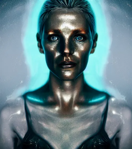 Prompt: bioluminescent long exposure light painting of a beautified full frame photo realistic face with lee jeffries style skin texture, lifelike incredible hair, crystalline masterpiece incrustations, gold, copper, bronze white plastic biomechanical with specular highlights, hyperdetailed face, elegant pose, movie still, octane render, cinematic forest lighting,