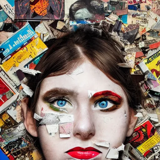 Image similar to a painting of a woman's face with pieces of torn-up pages of superhero comic books on her face, a surrealist painting, behance contest winner, pop surrealism, surrealist, detailed painting, poster art