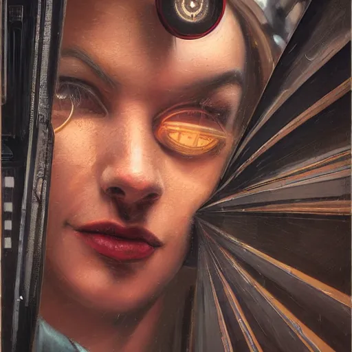 Prompt: detailed face of a clockwork woman, moment, cyberpunk cloisters, electronic billboards, tech noir, wet reflections, prism, atmospheric, ambient, pj crook, syd mead, livia prima, greg rutkowski, edward hopper