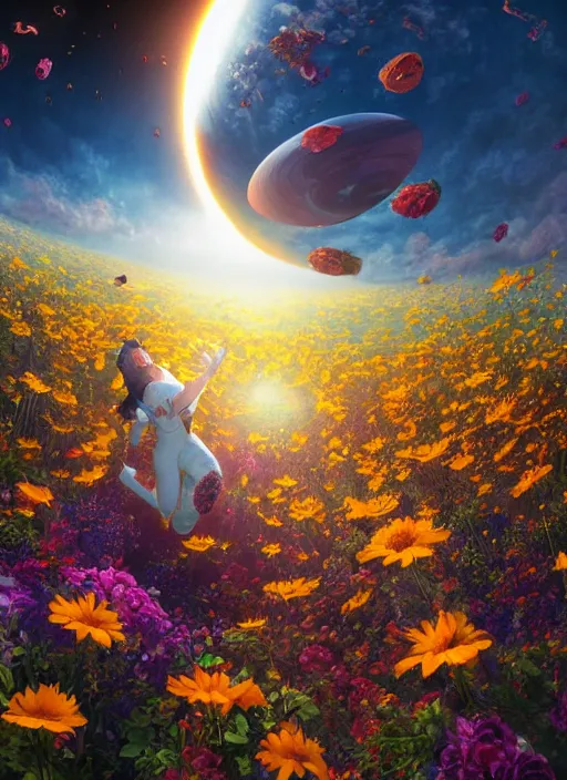 Image similar to An epic fantastic realism comic book style painting of the most beautiful flowers launched into space, bouquets, solar eclipse, fisheye, unreal 5, DAZ, hyperrealistic, octane render, dynamic lighting