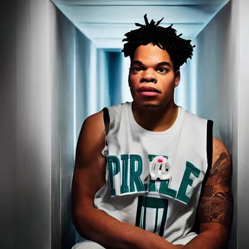 Prompt: miles bridges, fortnite, unreal engine, rapping behind jail cell, moody lighting