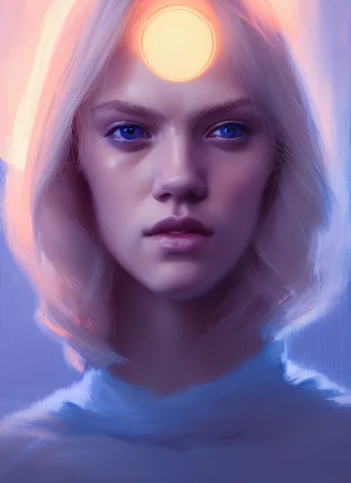 Image similar to portrait of casey cott with blonde hair, blonde hair, blue eyes, intricate, elegant, glowing lights, highly detailed, digital painting, artstation, concept art, smooth, sharp focus, illustration, art by wlop, mars ravelo and greg rutkowski