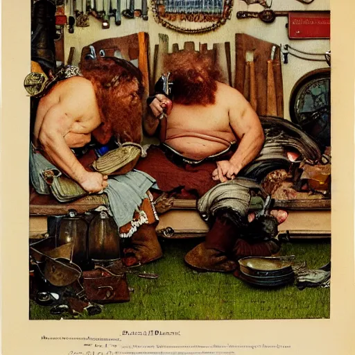 Prompt: detailed photo of extremely beautiful dwarves having good rest after work, intricate details, norman rockwell style