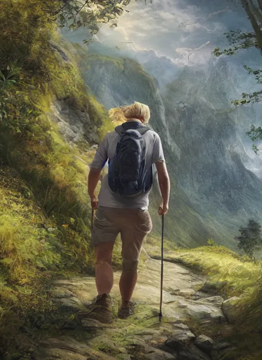 Prompt: happy blonde english man hiking a beautiful path, fluent composition, concept art, ambient light, 4 k, intricate details, highly professionally detailed, cgsociety, highly detailed -