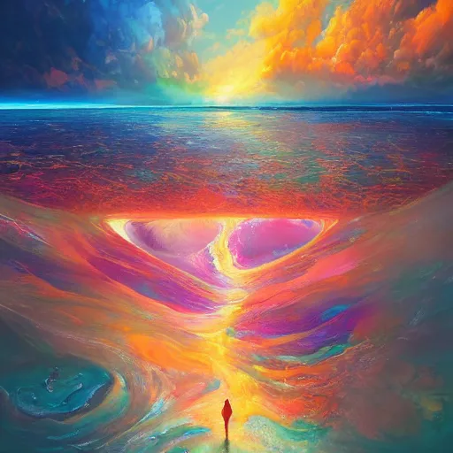 Image similar to the laws of physics break down and there only an infinite present, in which all points in time are equally real. surrealist acrylic painting by andreas rocha and alena aenami, pastel colors, featured on artstation, metaphysical, fluid acrylic pour art, airbrush art, rococo