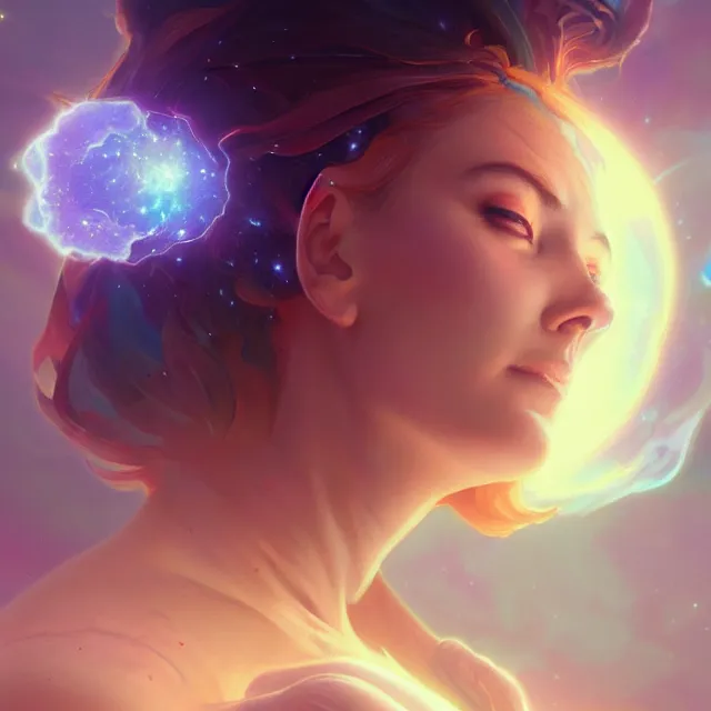 Prompt: close up portrait of beautiful space goddess, ethereal glowing otherworldy skin, exploding nebula, and glowing hair, subsurface scattering, artistic, art by artgerm, greg rutkowski and alphonse mucha, artstation, octane render,