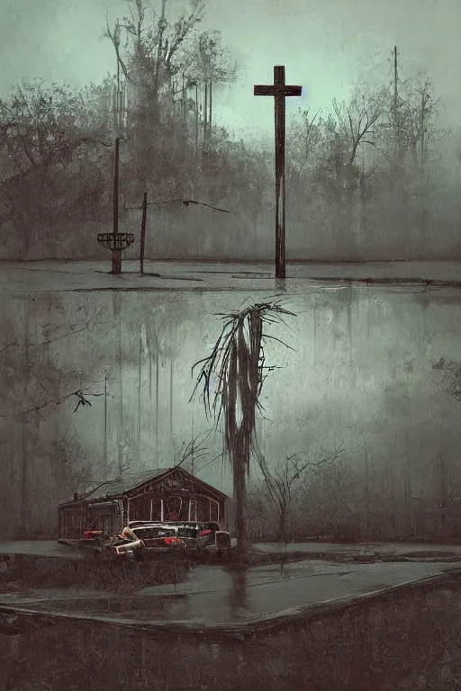 Image similar to scene fromlouisiana swamps, old protestant church with neon cross, junkyard by the road, boy scout troop, voodoo artwork by tim eitel