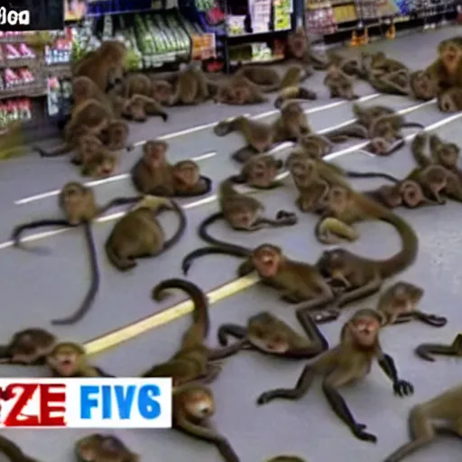 Image similar to cctv footage of a horde of monkeys raiding a walmart