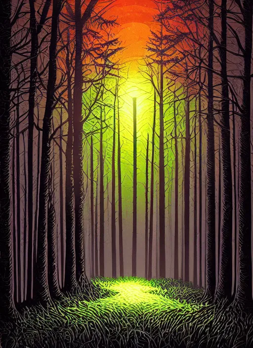 Image similar to a forest at night by Dan Mumford