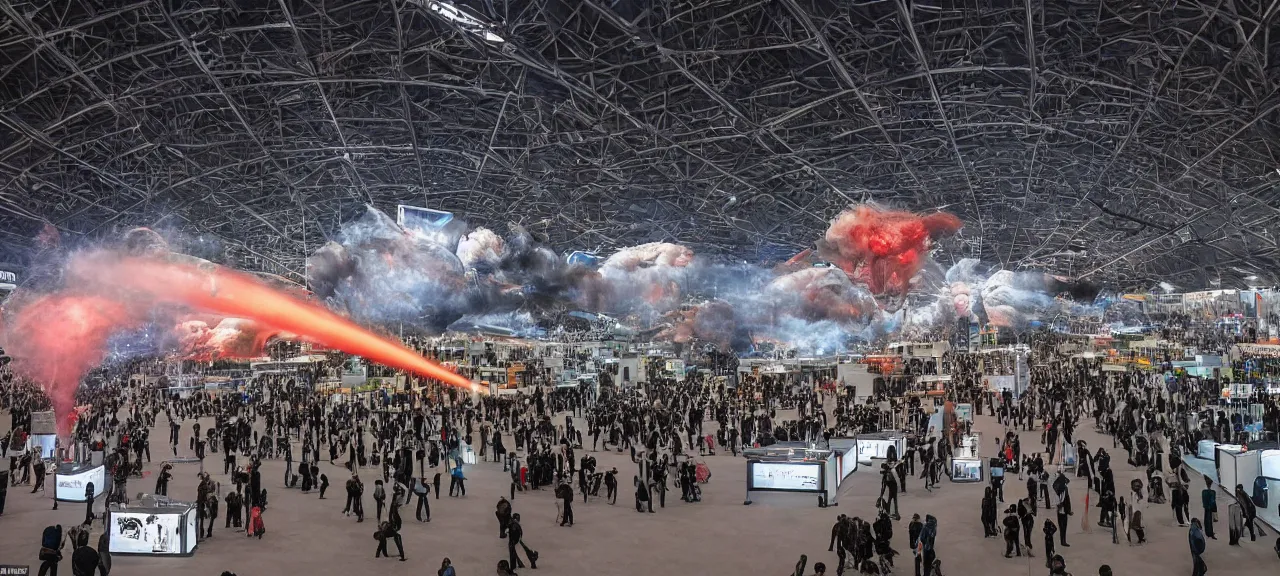 Image similar to A view of the world biggest exhibition of futuristic weapons, showcases full of interesting incredible mechanisms and components, photorealistic image, lighting from spotlights, reflections, refractions, volumetric smoke, pyroshow, physics, wow atmosphere