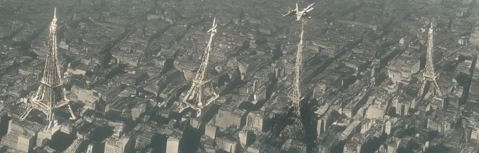 Image similar to Still from the 1969 movie MECHA-CONCORDE vs ROBO-EIFFEL the giant humanoid Eiffel Tower battles the swan-like superplane above the streets of paris-futur art direction by moebius hq production still technicolor