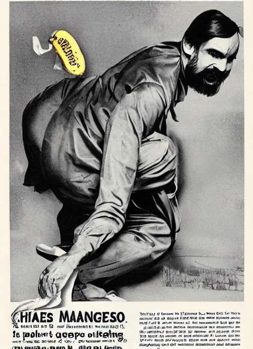 Prompt: vintage pharamaceutical magazine advertisement depicting charles manson slipping on a banana peel