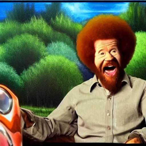 Image similar to bob ross screaming bad trip of acid in car rear view mirror