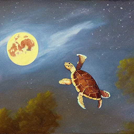 Prompt: a turtle flying over the moon, painting