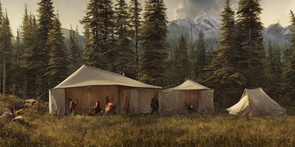 Image similar to cabela's tent fabric shelled pop up family dwelling unit, cabin, modular, person in foreground, mountainous forested wilderness open fields, beautiful views, painterly concept art, joanna gaines, environmental concept art, farmhouse, magnolia, concept art illustration by ross tran, james gurney, by craig mullins, by greg rutkowski