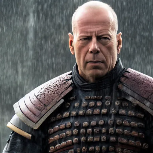 Prompt: Bruce Willis as samurai , heavy rain ,dramatic, intricate, highly detailed, smooth, sharp focus, film still, 8K