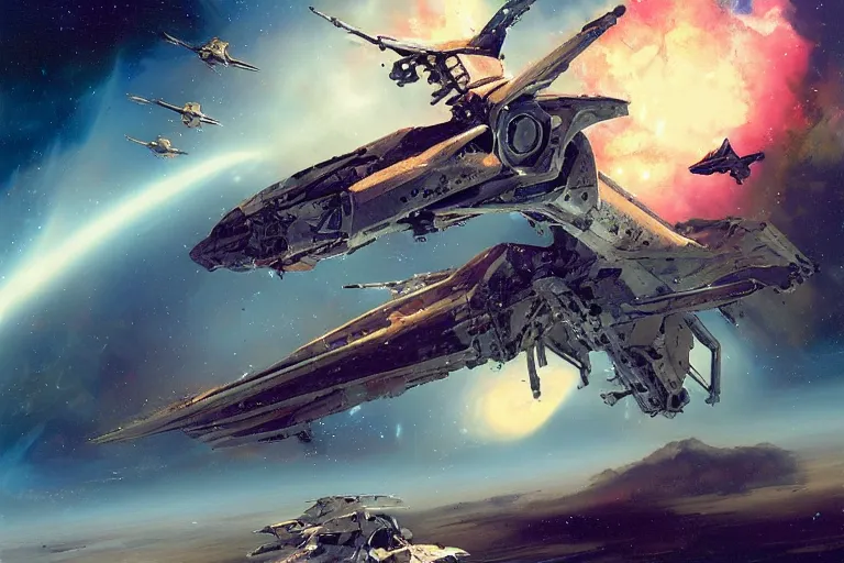 Prompt: a pterodactyl mecha, fighter-jet sized, smooth, john berkey white plastic panels, heavily armed by Craig Mullins and Scott Robertson nebula like clouds in space background near a ringed gas giant, distant explosions and spaghetti-like missile rocket exhaust trails by Dylan Cole and federico pelat cinematic lighting, hyper detailed hyper detailed, 8k, ultra realistic, cinematic lighting, ultra wide 35mm lens