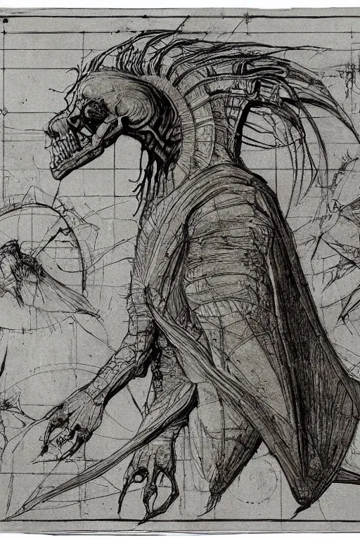 Prompt: leonardo da vinci color intricate full page scan blueprint of concept art dark creature, with tourist decks on grey paper sketch ink style with dark background ultra-detailed technical precision, mixed media with white and silver lines, realistic composition, point of interest at golden ratio, light from right, more darkness on the bottom, monumentally art composition, high quality of sketching with subtle hairlines, highly detailed rounded forms, inside out and outside in, octane render