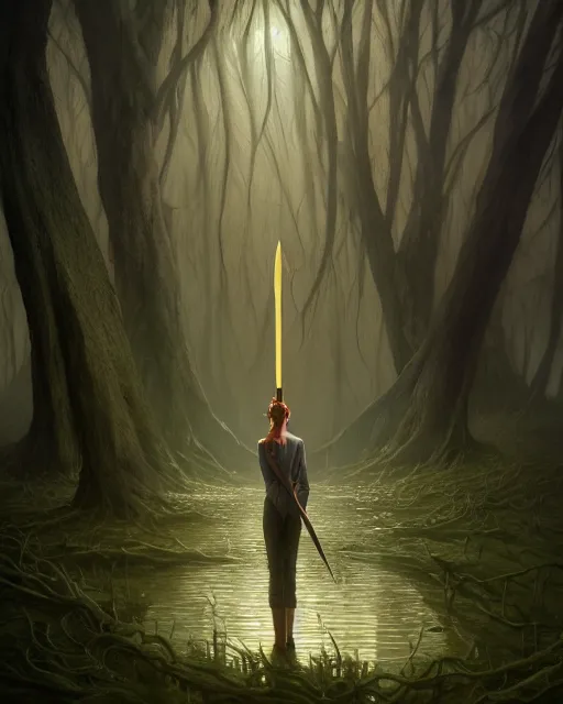 Image similar to highly detailed surreal vfx portrait of a cursed dagger in a shadowy swamp by a willow tree, stephen bliss, unreal engine, greg rutkowski, loish, rhads, beeple, makoto shinkai and lois van baarle, ilya kuvshinov, rossdraws, tom bagshaw, alphonse mucha, global illumination, detailed and intricate environment