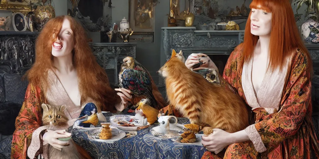 Image similar to a stunning hyper-detailed photorealistic painting of a slender beautiful smiling woman with long ginger hair and bangs, wearing a luxurious silk robe, wearing headphones and posing with her large ginger tabby cat and her raccoon and parrots in an overstuffed easy chair in her sunlit victorian living room, holding a porcelain parrot-shaped coffee mug and a donut, perfect eyes, fashion photography, cinematic lighting, octane render, IBEX Masters, unreal engine, 85 mm lens,