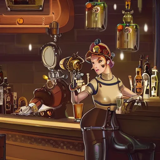 Image similar to a steampunk robot is at the bar and orders a drink from a (TY fluffy puppy) bartender, cgsociety.