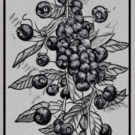 Image similar to botanical drawing of blueberry bush. Traditional art. Rustic. Nordic. Trending on artstation. Detailed. Shrub. Nature. Artistic.