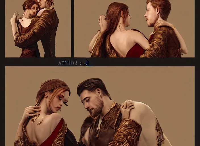 Image similar to man and woman in pose of couple vol 2 photo reference pack for artists, spirit hugs, gold trim, atmoshperic, elegant, sharp focus, huge lips, poses by satine zillah, environment by hw 6 5 2 3, art by ilya ozornin, artstation, intricate details, concept art
