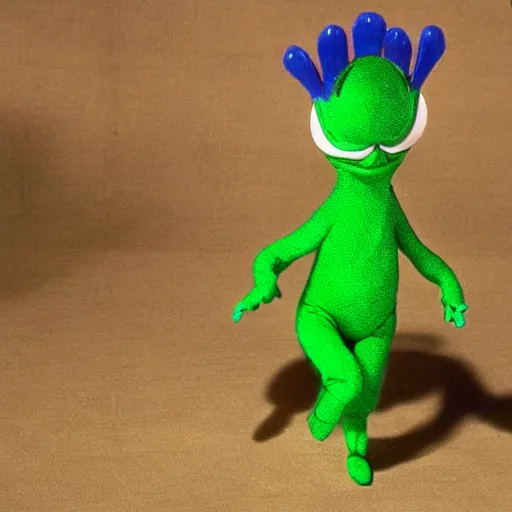 Prompt: the green alien who loves to dance as a background extra in the new Rankin bass stop motion film about a rabbit who thinks he is in wonderland