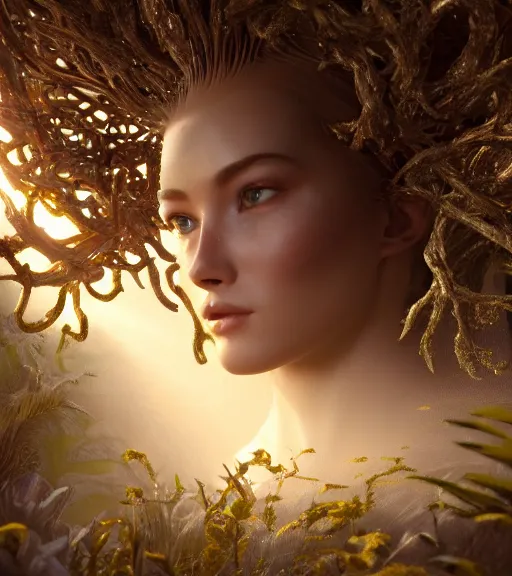 Image similar to beauteous practical sumptuous biomechanical with incredible hair, projected ray traced oled retinal overlays, crystalline masterpiece incrustations, hyperdetailed face, elegant pose, movie still, intricate, octane render, cinematic forest lighting, cgsociety, unreal engine, crepuscular rays, god rays