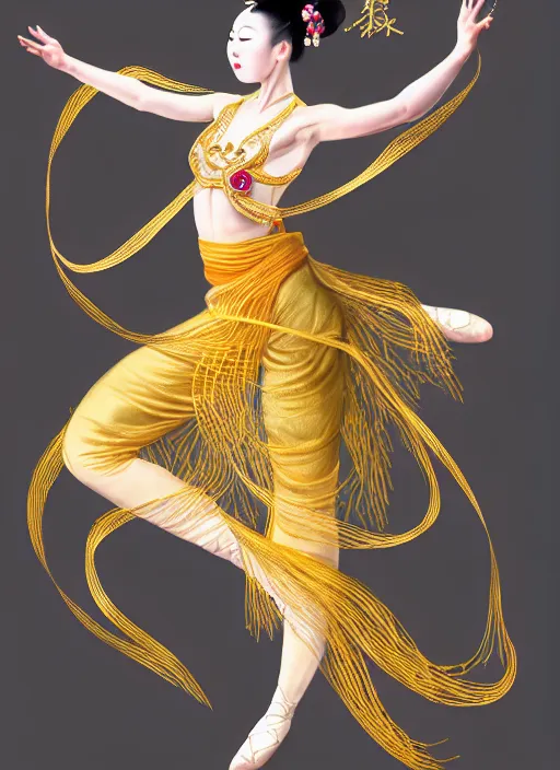 Prompt: full body portrait of a dancer doing chinese ribbon dance, feet, barefoot, full body, vivacious, extremely beautiful, gold jewelry, hanfu, ribbon dance, aerial silk, large flying ribbons, ming dynasty, detailed, realistic face, anatomically accurate, fantasy art, wlop.