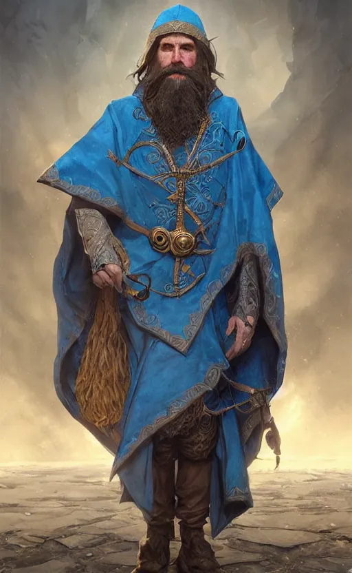 Image similar to portrait of a middle aged elf with a long beard, dressed in a blue cloak with clock iconography, brown hair, raised hand, detailed face, fantasy, highly detailed, cinematic lighting, digital art painting by greg rutkowski