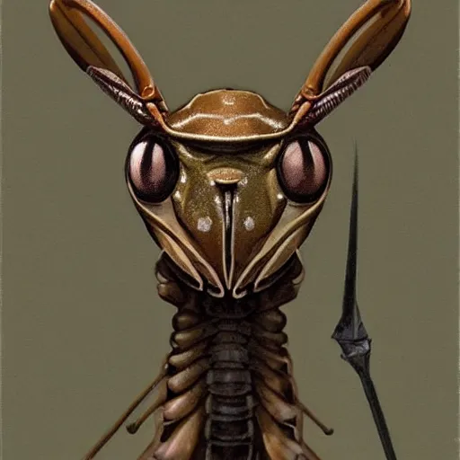 Image similar to portrait of brown anthropomorphic mantis religiosa ; hard predatory look ; d & d rogue ; flat triangle - shaped head with thin thread - like antennae ; concept art ; artstation ; 8 k ; wallpapers ; heavy contrast ; cinematic art ; cgsociety ; art by greg rutkowski and artgerm