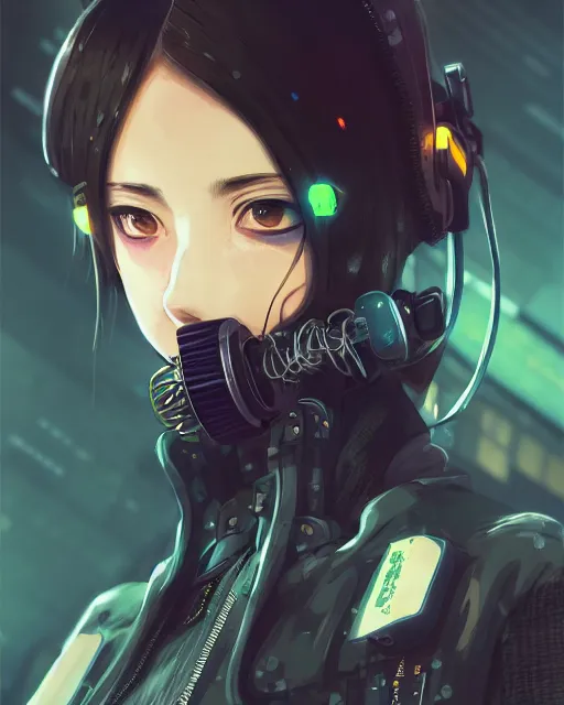 Prompt: kyoto animation, cool girl wearing cyberpunk intricate jumpsuit, respirator, detailed portrait, cell shaded, 4 k, concept art, by wlop, ilya kuvshinov, artgerm, krenz cushart, greg rutkowski, pixiv. cinematic dramatic atmosphere, sharp focus, volumetric lighting, cinematic lighting, studio quality