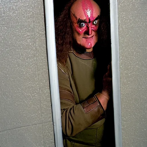 Prompt: The character known as Gowron the Klingon, in full Klingon theatrical makeup and Klingon uniform standing in a dingy gas station bathroom stall near the toilet, kneeling and looking at a small hole carved into the stall wall