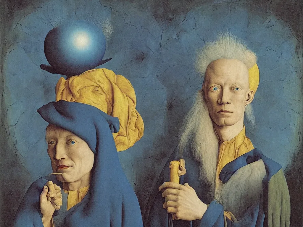 Image similar to Portrait of albino mystic with blue eyes, with atomic explosion. Painting by Jan van Eyck, Audubon, Rene Magritte, Agnes Pelton, Max Ernst, Walton Ford